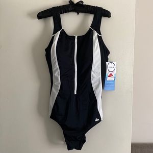 Swimsuits For All Zip-Front one piece black and white swimsuit - 18W